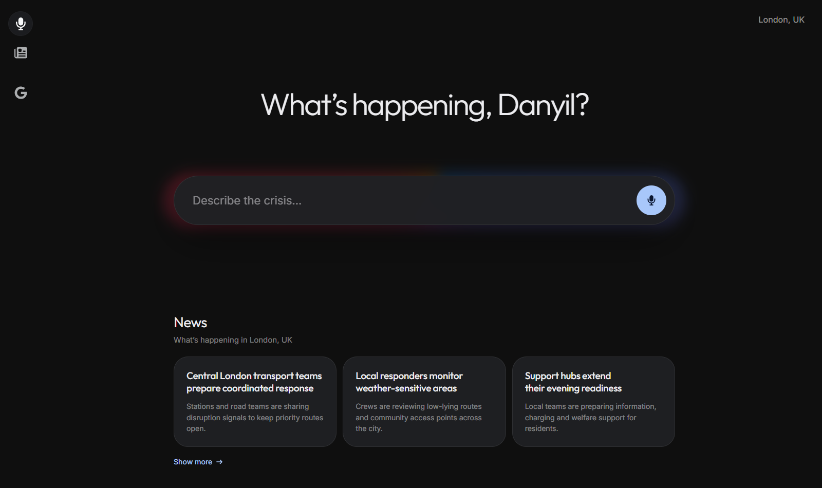 Reporter landing page with a 'Describe the crisis' input and microphone button